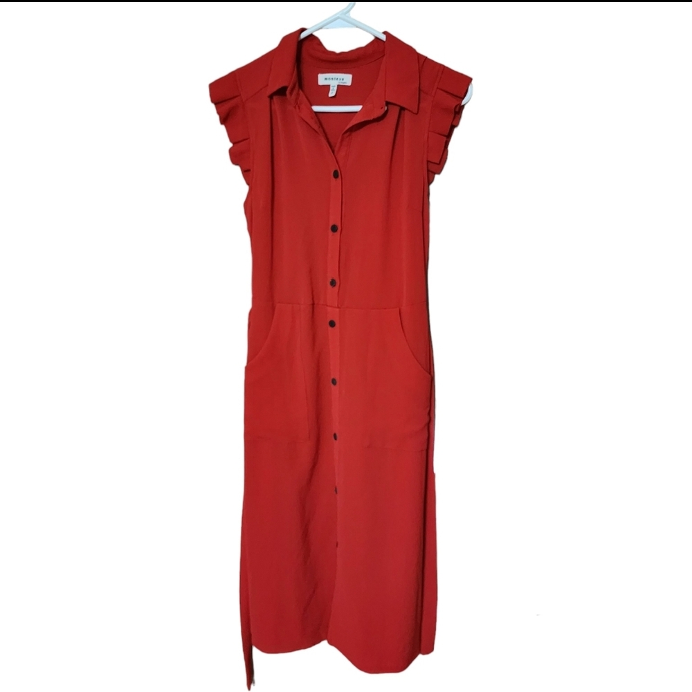 Monteau poppy red midi dress button up retro style